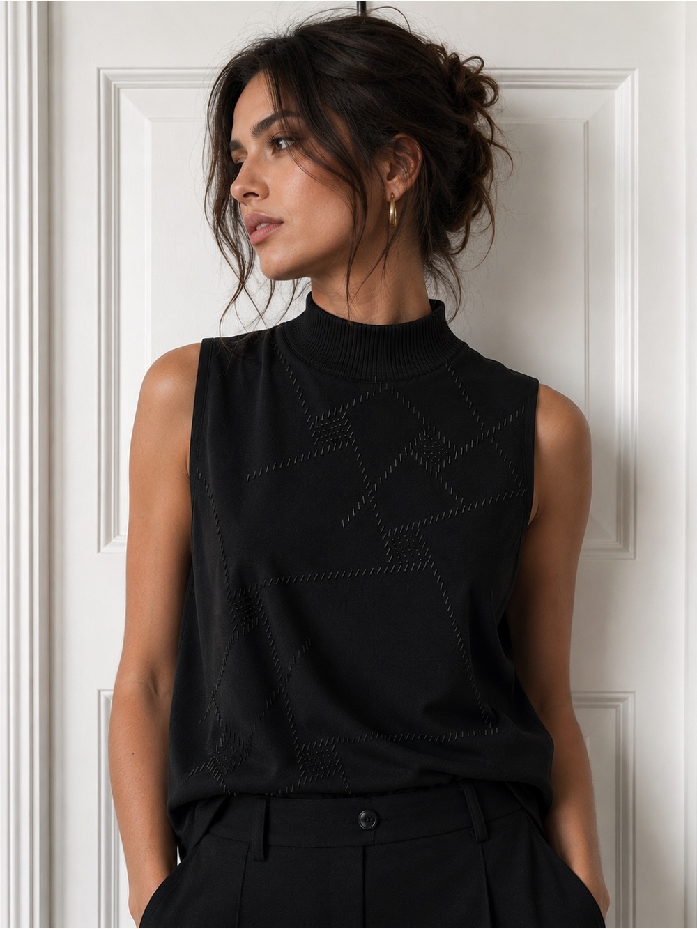Vintage Proportion Petites by Conrad C Black Geometric Beaded Mock Neck Top